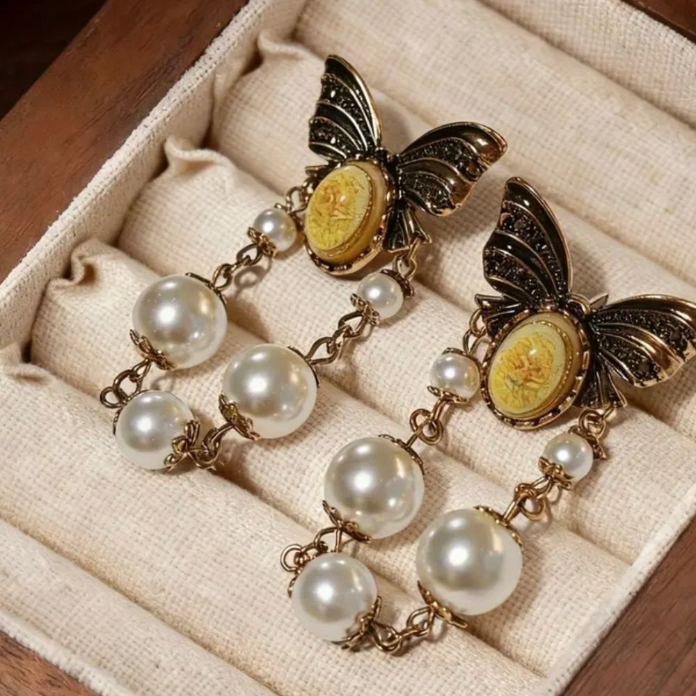 Rustic Pearl Butterfly Dangle  Earrings - Picture 4 of 7